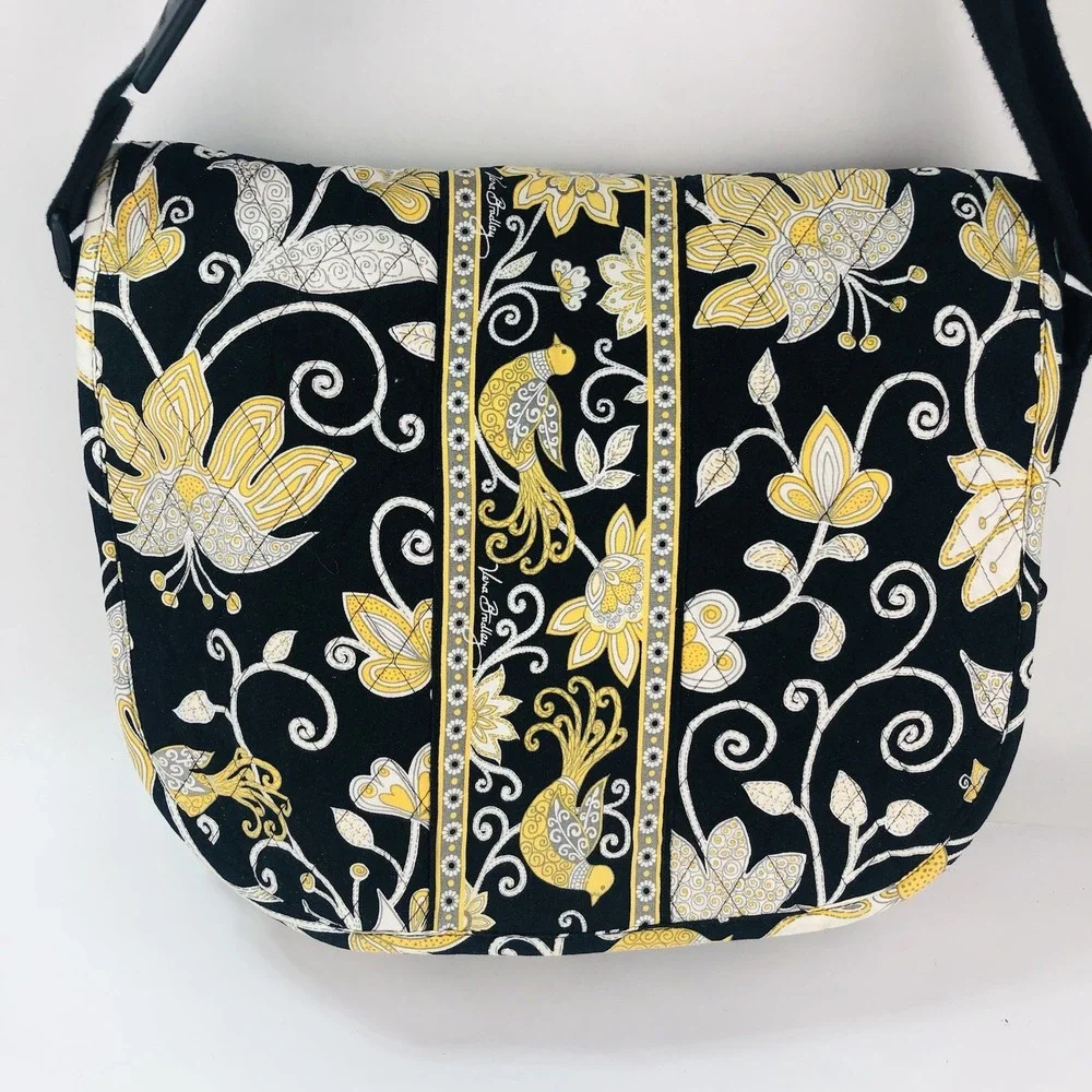 Vera Bradley Messenger Laptop Computer Bag Purse Tote Retired Black Yellow Bird